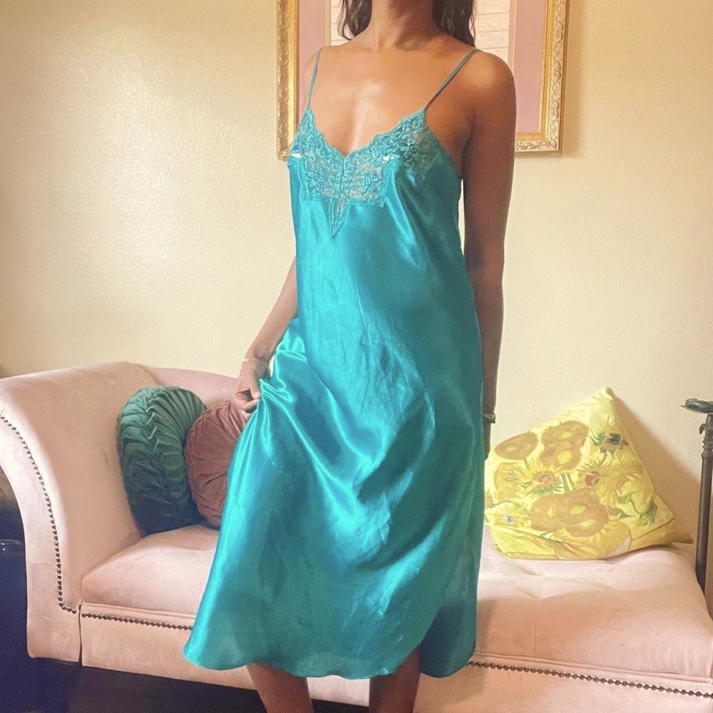 Vintage Teal Midi Length Satin + Lace Nightgown / Slip Dress